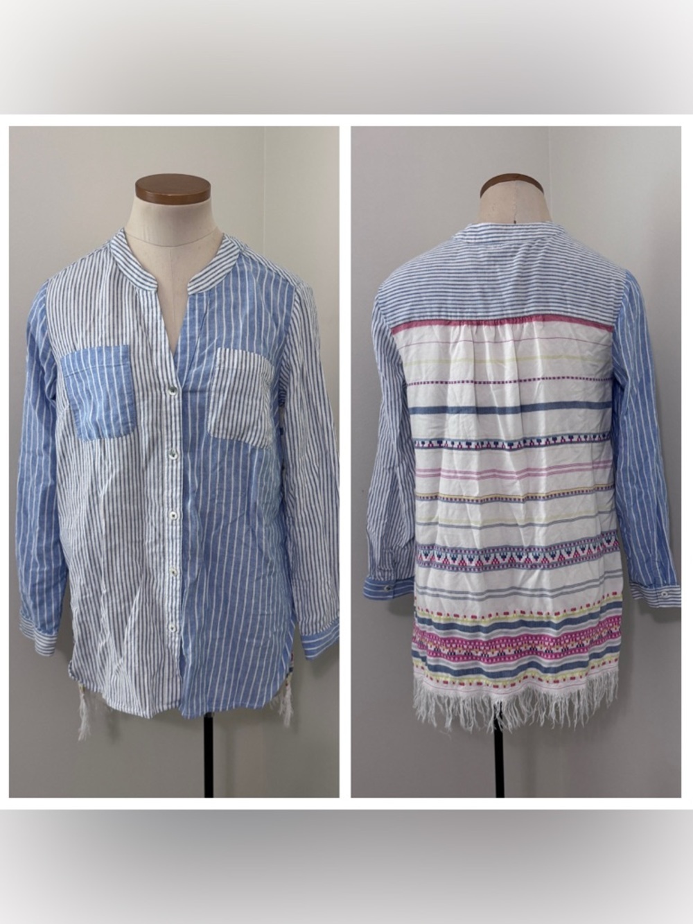 Nic + Zoe Small Long Sleeve Lightweight Button Down Tunic Top Striped Fringe